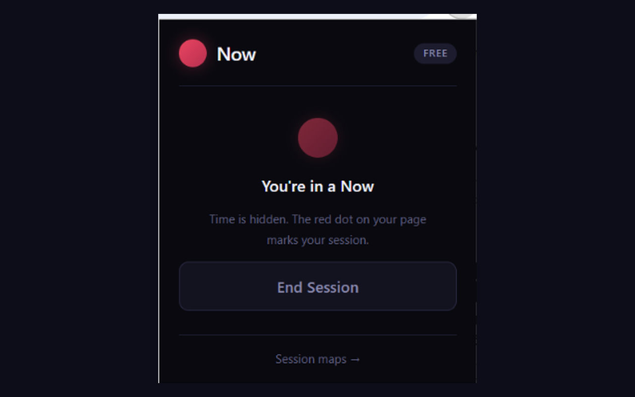 Now working phase — time hidden, a red dot marks the active focus session